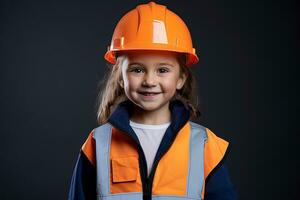 porträtt av en leende liten flicka i en konstruktion hjälm ai genererad foto