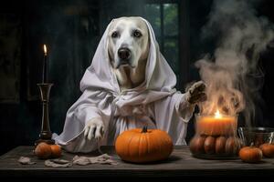 halloween tema. hund i spöke kostym med pumpor på mörk bakgrund ai genererad foto