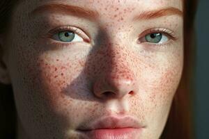 en stänga upp av en kvinna med fräknar, rosacea couperose rodnad hud ai genererad foto