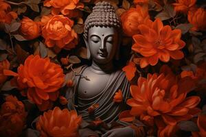 buddha staty omgiven förbi orange blommor på en svart bakgrund ai genererad foto