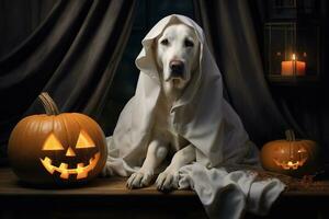 halloween tema. hund i spöke kostym med pumpor på mörk bakgrund ai genererad foto