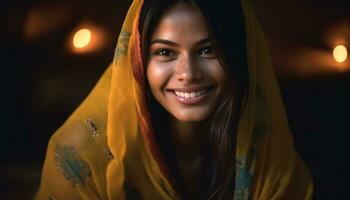 leende ung kvinna, skönhet porträtt, lycka ser på kamera genererad förbi ai foto