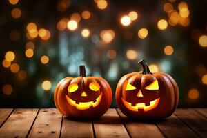 halloween pumpor på trä- tabell med bokeh lampor bakgrund ai genererad foto