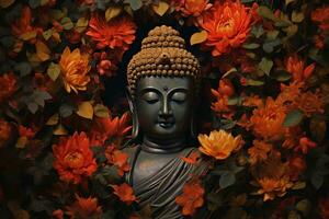 buddha staty omgiven förbi orange blommor på en svart bakgrund ai genererad foto