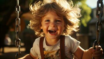 leende barn svängande utomhus, njuter sorglös sommar med oskuld och glädje genererad förbi ai foto