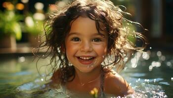 leende barn, glad sommar, utomhus, våt, lycka, roligt, söt genererad förbi ai foto