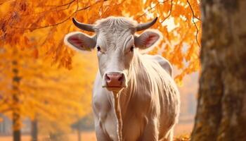 söt ko betning på grön äng, omgiven förbi skön natur genererad förbi ai foto