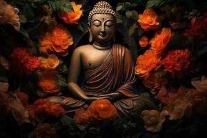 buddha staty omgiven förbi orange blommor på en svart bakgrund ai genererad foto