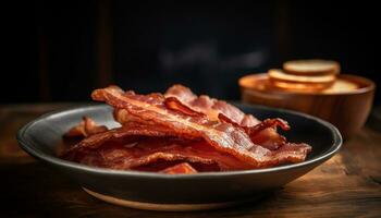 stänga upp av rökt fläsk bacon på rustik trä tabell för lunch genererad förbi ai foto