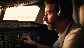 en manlig pilot körning ett flygplan cockpit med hörlurar på genererad förbi ai foto