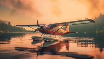 en sjöflygplan svävar över vatten, natur lugn scen på skymning genererad förbi ai foto