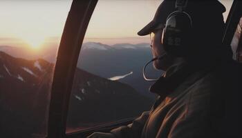 en man vandring i de berg, njuter de solnedgång se genererad förbi ai foto