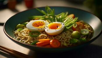 friska äter färsk vegetabiliska måltid med gourmet Ramen spaghetti och soppa genererad förbi ai foto