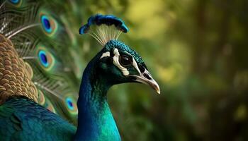 majestätisk påfågel visas vibrerande färger i stänga upp natur porträtt genererad förbi ai foto