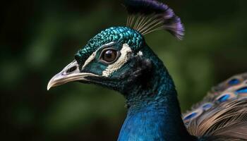 majestätisk påfågel visas vibrerande färger, visa upp skönhet i natur genererad förbi ai foto