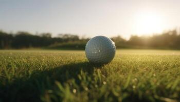 golf boll på grön gräs, under solljus, slå de hål genererad förbi ai foto