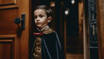 en söt pojke i en kostym står självsäkert på de dörr genererad förbi ai foto