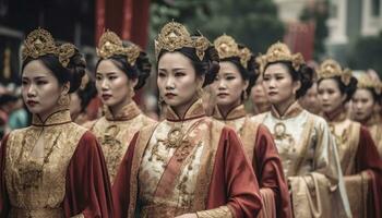 skön kvinnor i traditionell Kläder fira en thai kulturell festival genererad förbi ai foto