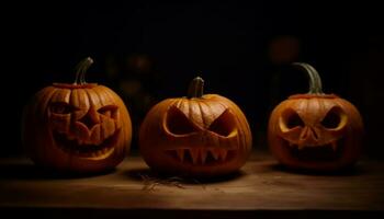 läskigt halloween natt, lysande pumpa lykta, mörk Skräck dekoration genererad förbi ai foto