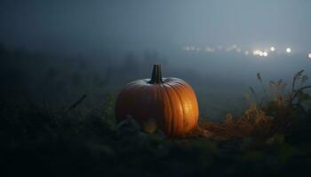 läskigt halloween natt, lykta lysande, pumpa dekoration, höst landskap upplyst genererad förbi ai foto