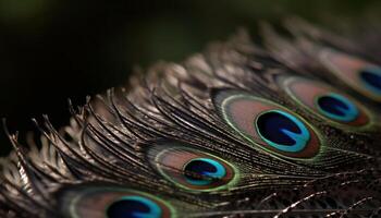 påfågel fjäder ställer ut vibrerande elegans, skönhet i natur färgrik mönster genererad förbi ai foto