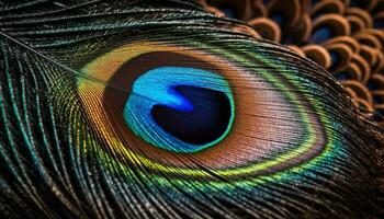 vibrerande färger av påfågel fjädrar monter natur skönhet och elegans genererad förbi ai foto