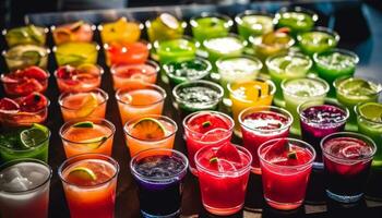 mång färgad cocktail drycker i en rad, färsk frukt och ljus dekoration genererad förbi ai foto
