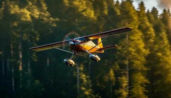 flygande helikopter svävar över skog, propeller spinning, natur antenn se genererad förbi ai foto