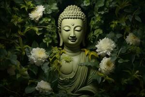 buddha staty med lotus blomma och grön löv bakgrund ai genererad foto