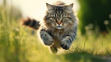 Foto av en löpning katt. generativ ai