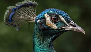 majestätisk påfågel visas vibrerande färger i natur elegant porträtt genererad förbi ai foto