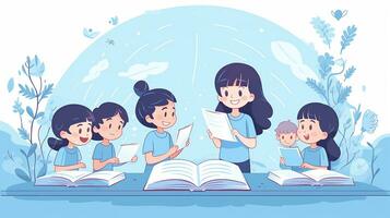 barn läsning böcker i klass. generativ ai foto