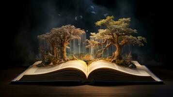 mystisk skog. öppnad bok med magi träd på mörk bakgrund. generativ ai foto