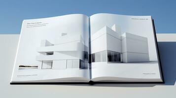 öppen tidskrift med modern och minimalistisk byggnad och blå himmel. 3d tolkning. foto