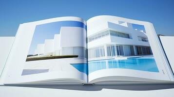 öppen tidskrift med modern och minimalistisk byggnad och blå himmel. 3d tolkning. foto