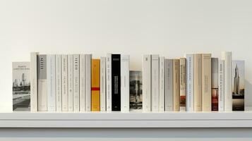 3d tolkning av en bok hylla med böcker i främre av grå bakgrund. generativ ai foto