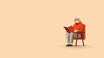 gammal man läsning en bok medan Sammanträde i en stol. vektor illustration. generativ ai foto