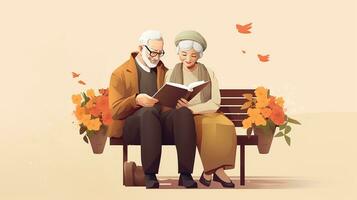 äldre par läsning en bok för njut av de nuvarande ögonblick. platt design vektor illustration. generativ ai foto