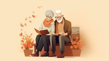äldre par läsning en bok för njut av de nuvarande ögonblick. platt design vektor illustration. generativ ai foto
