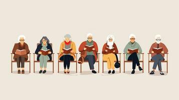 äldre människor sitta på soffa och läsa böcker. vektor illustration. generativ ai foto