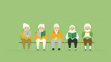 äldre människor sitta på soffa och läsa böcker. vektor illustration. generativ ai foto