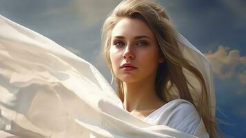 porträtt av en skön ung kvinna i en vit klänning mot de himmel. ai framställa. foto