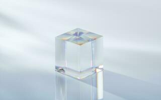 glas kub med ljus bakgrund, 3d tolkning. foto