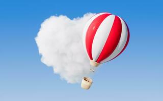 hjärta form mjuk moln och varm luft ballong, 3d tolkning. foto