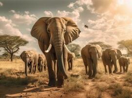 elefant stående i främre av intensiv solnedgång. generativ ai. foto