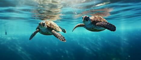 hav förorening är ett ekologisk katastrof plast påsar en sköldpadda omgiven generativ ai. foto