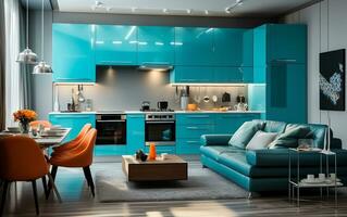 turkos kök i studio lägenhet. interiör design av modern levande room.ai generativ foto