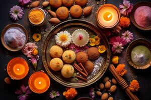 indisk festlig diwali bakgrund med sötsaker. gulab jamun, morot halva, snacks med ljus, blommor. blandad indisk desserter. festlig tabell. se från ovan. ai generativ foto