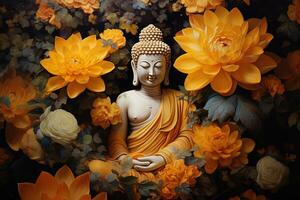 buddha staty omgiven förbi gul blommor ai genererad foto