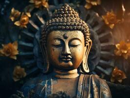 en buddha staty med dess ögon stänga, på soluppgång foto